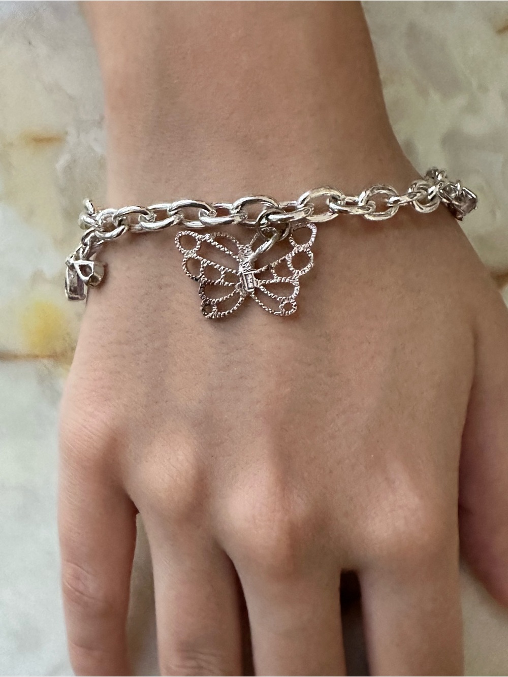 Elegant 925 Silver Butterfly and amethyst Gems Charm Chain Bracelet